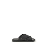 Ferragamo Black Calf Leather Bos Taurus Flat Sandals