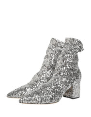 Dolce & Gabbana Silver Sequined Short Boots Stretch Shoes