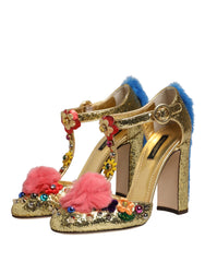 Dolce & Gabbana Gold Fur Trim Glitter T-strap Sandals Shoes