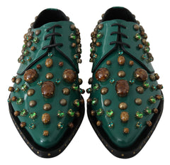 Chaussures Dolce & Gabbana en cuir vert et cristaux, style broquet.