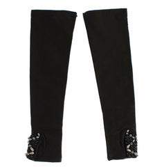 Dolce & Gabbana Fingerlose Handschuhe aus schwarzem Leder mit Kristallperlen