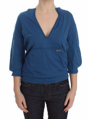 Exte Blue Baumwoll-Top-Pullover mit tiefem V-Ausschnitt für Damen