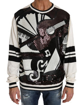 Dolce & Gabbana Weißer Pullover mit Pailletten-Gitarrenmotiv im Jazz-Stil
