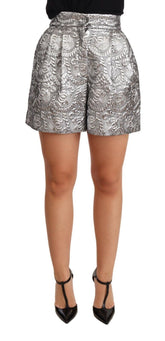 Dolce & Gabbana Silberne Shorts mit hohem Bund und floralem Brokatmuster