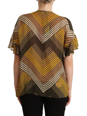 Ensemble deux pièces à rayures multicolores, haut à manches courtes et col rond, blouse