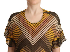 Ensemble deux pièces à rayures multicolores, haut à manches courtes et col rond, blouse