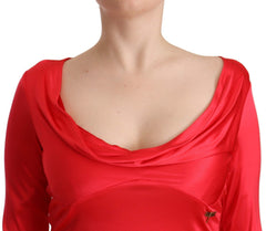 Robe fourreau rouge en viscose John Galliano, manches 3/4, décolleté rond profond