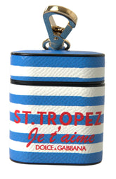 Dolce & Gabbana AirPod-Hülle aus blau gestreiftem Dauphine-Leder mit Logoprint
