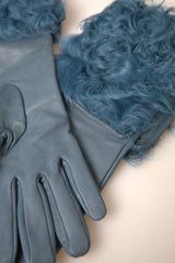 Gants mi-longs en cuir bleu et fourrure Dolce & Gabbana