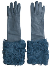 Gants mi-longs en cuir bleu et fourrure Dolce & Gabbana