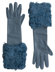 Gants mi-longs en cuir bleu et fourrure Dolce & Gabbana