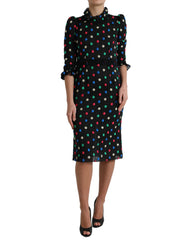 Dolce & Gabbana Schwarzes Baumwoll-Midikleid mit Polka-Dots und Rüschen