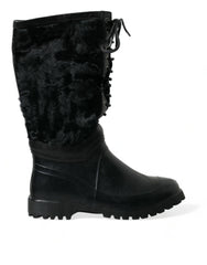 Dolce & Gabbana Schwarze Gummistiefel mit Schnürung und Lammfellfutter