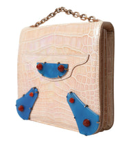 Sac à main Balenciaga en cuir exotique beige et bleu agate avec chaîne dorée