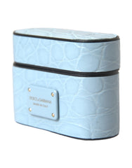 Étui AirPods Dolce & Gabbana en cuir bleu clair avec plaque logo en métal