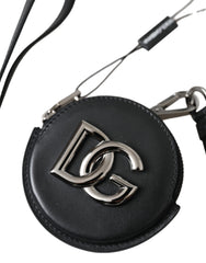 Porte-monnaie rond en cuir noir Dolce & Gabbana avec logo DG et cordon