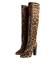 Dolce & Gabbana Beige Schwarze Leoparden-Kniestiefel Schuhe