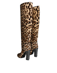 Dolce & Gabbana Beige Schwarze Leoparden-Kniestiefel Schuhe