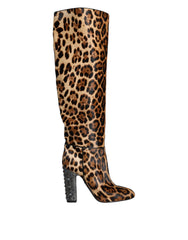 Dolce & Gabbana Beige Schwarze Leoparden-Kniestiefel Schuhe