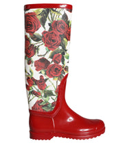 Dolce & Gabbana rote, geblümte, kniehohe, flache Gummistiefel