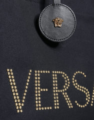 Sac cabas bandoulière Versace en toile et cuir noir avec poignée supérieure et logo