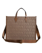 Sac cabas bandoulière Versace en cuir jacquard marron avec poignée supérieure et logo