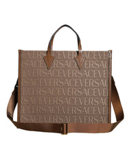 Sac cabas bandoulière Versace en cuir jacquard marron avec poignée supérieure et logo