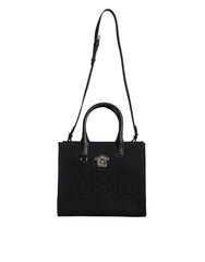 Sac cabas bandoulière Versace en toile et cuir noir avec poignée supérieure et logo