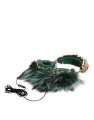 Casque audio Dolce & Gabbana en fourrure de cristal vert or avec entrée auxiliaire