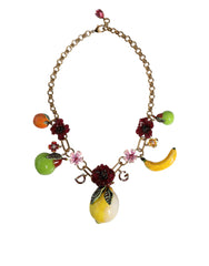 Collier Dolce & Gabbana en laiton doré avec pendentifs FRUIT, fleurs et logo en cristal