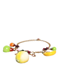 Collier Dolce & Gabbana en laiton doré avec pendentifs FRUIT, fleurs et logo en cristal