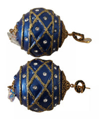 Boucles d'oreilles Dolce & Gabbana en laiton doré, boule de Noël bleue et cristal, crochet de bijouterie.