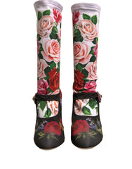 Chaussettes noires à fleurs Dolce & Gabbana Bottes à cristaux Chaussures en jersey