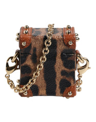 Étui AirPods Dolce & Gabbana marron léopard en métal avec plaque logo et chaîne dorée