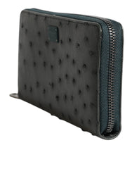 Portefeuille continental zippé Dolce & Gabbana vert autruche avec logo et plaque