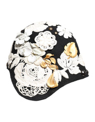 Chapeau cloche Dolce & Gabbana en laine noire à motif floral blanc et feuilles d'or