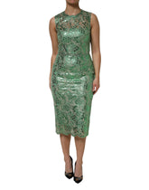 Dolce & Gabbana Green Cotton Floral Lace Sheath Midi Dress