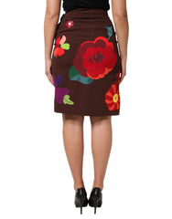 Dolce & Gabbana brauner Rock mit Blumenmuster, hohem Bund und Seitenschlitz
