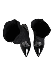 Dolce & Gabbana Schwarze Leder-Kniestiefel mit Rippstrick