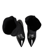 Dolce & Gabbana Black Leather Ribbed Knit Knee Boots Shoes