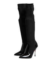 Dolce & Gabbana Schwarze Leder-Kniestiefel mit Rippstrick