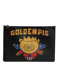 Pochette Dolce & Gabbana pour homme en cuir noir imprimé cochon doré