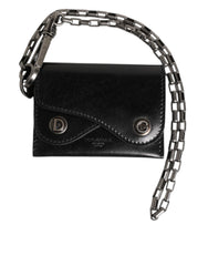 Portefeuille Dolce & Gabbana en cuir noir Cavallo avec chaîne et fermeture à pression, porte-cartes à deux volets