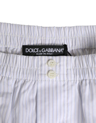 Short de bain Dolce & Gabbana blanc et bleu en coton rayé à boutons