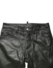 Dsquared² Black Full Grain Leather Mid Waist Trouser Pants