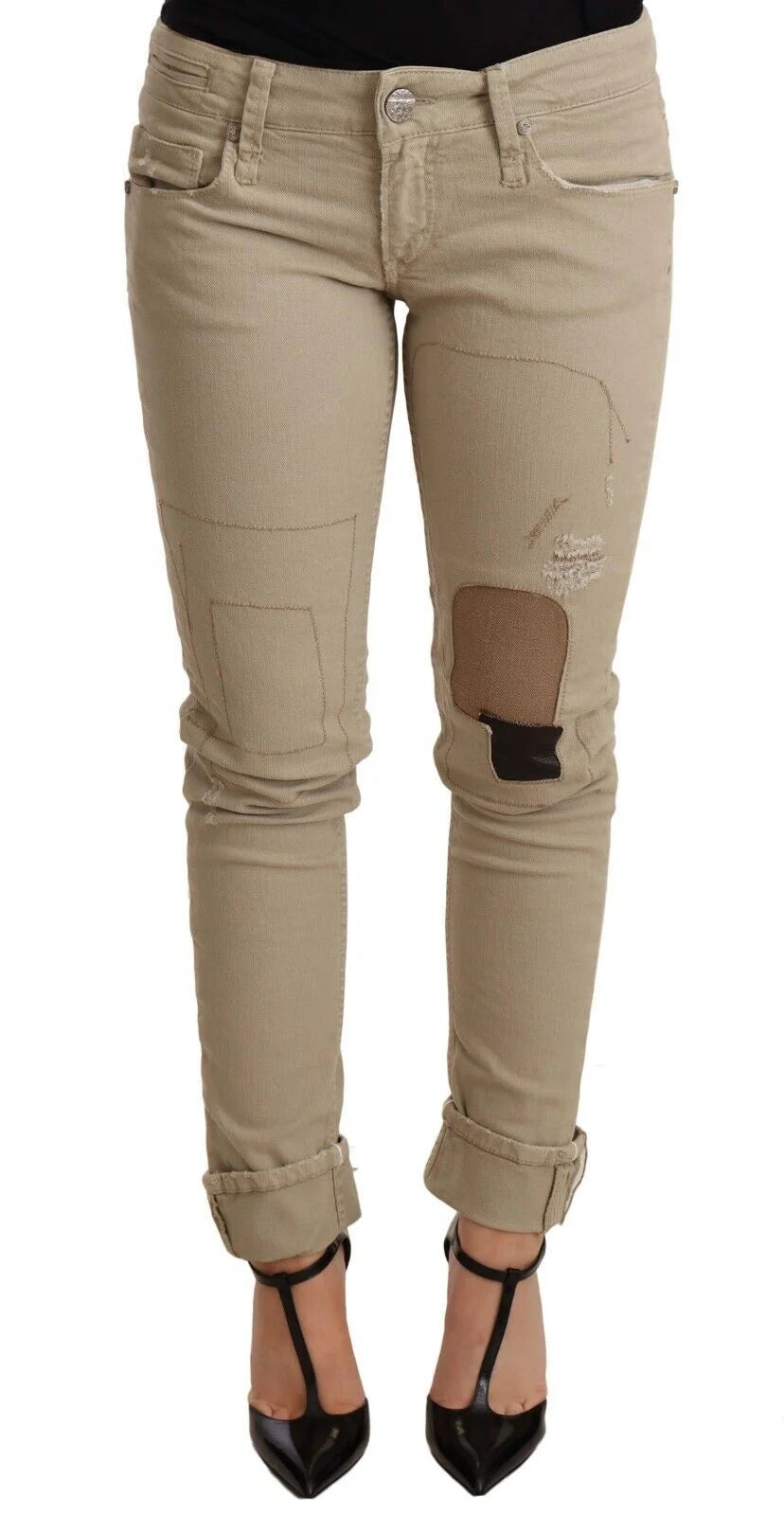 Acht Beige Denim Cotton Bottom Slim Fit Folded Pant - W26 | IT40 - Jeans