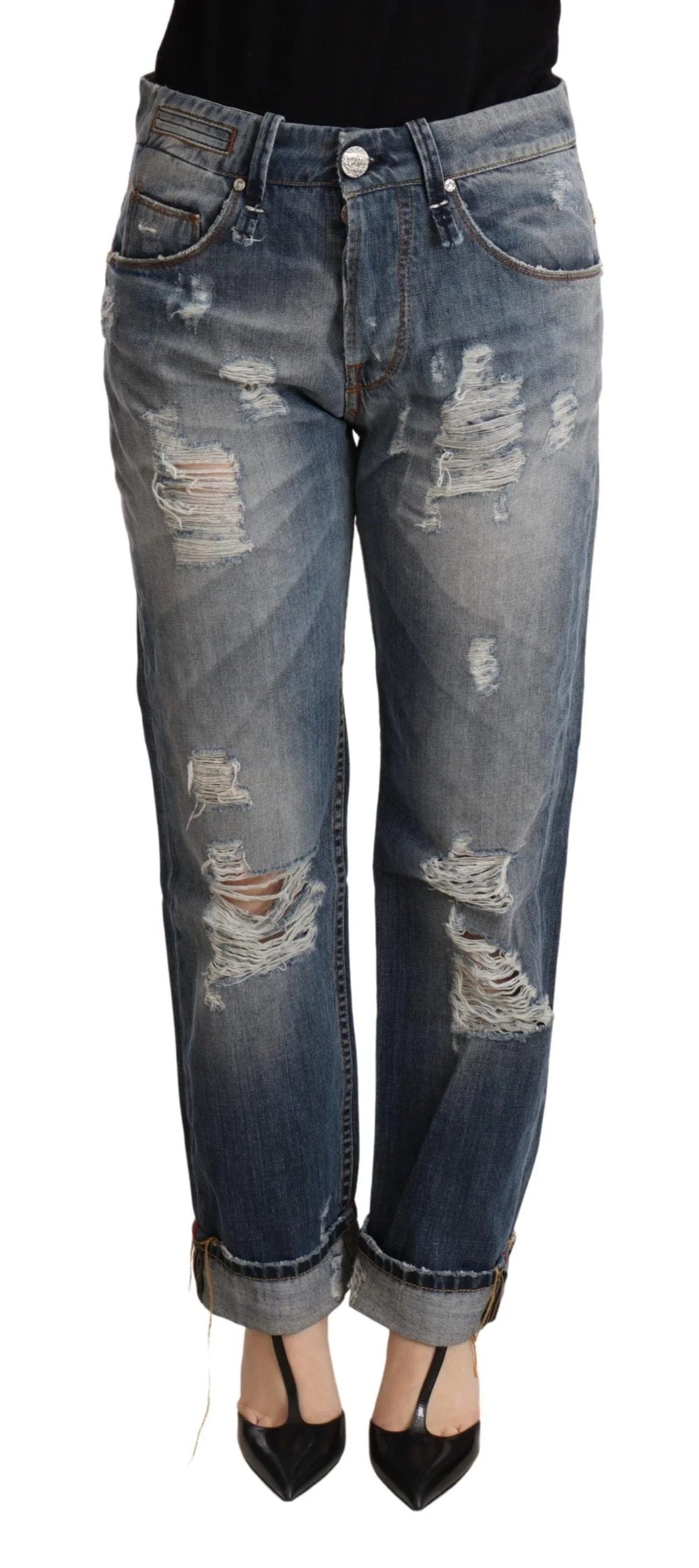 Acht Blue Tattered Mid Waist Straight Denim Trouser - W26 - Jeans