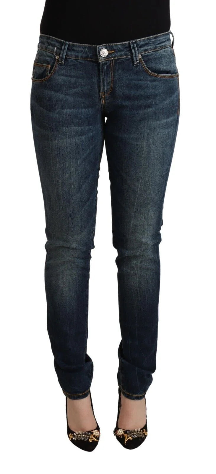 Acht Blue Washed Cotton Low Waist Slim Fit Denim Jeans - Jeans