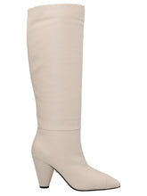 ALEVÌ white leather over-the-knee boots featuring a sleek pointed toe and high stiletto heel for a refined silhouette.