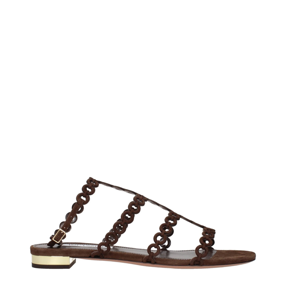Aquazzura Brown Leather Flat Sandals - EU38/US8